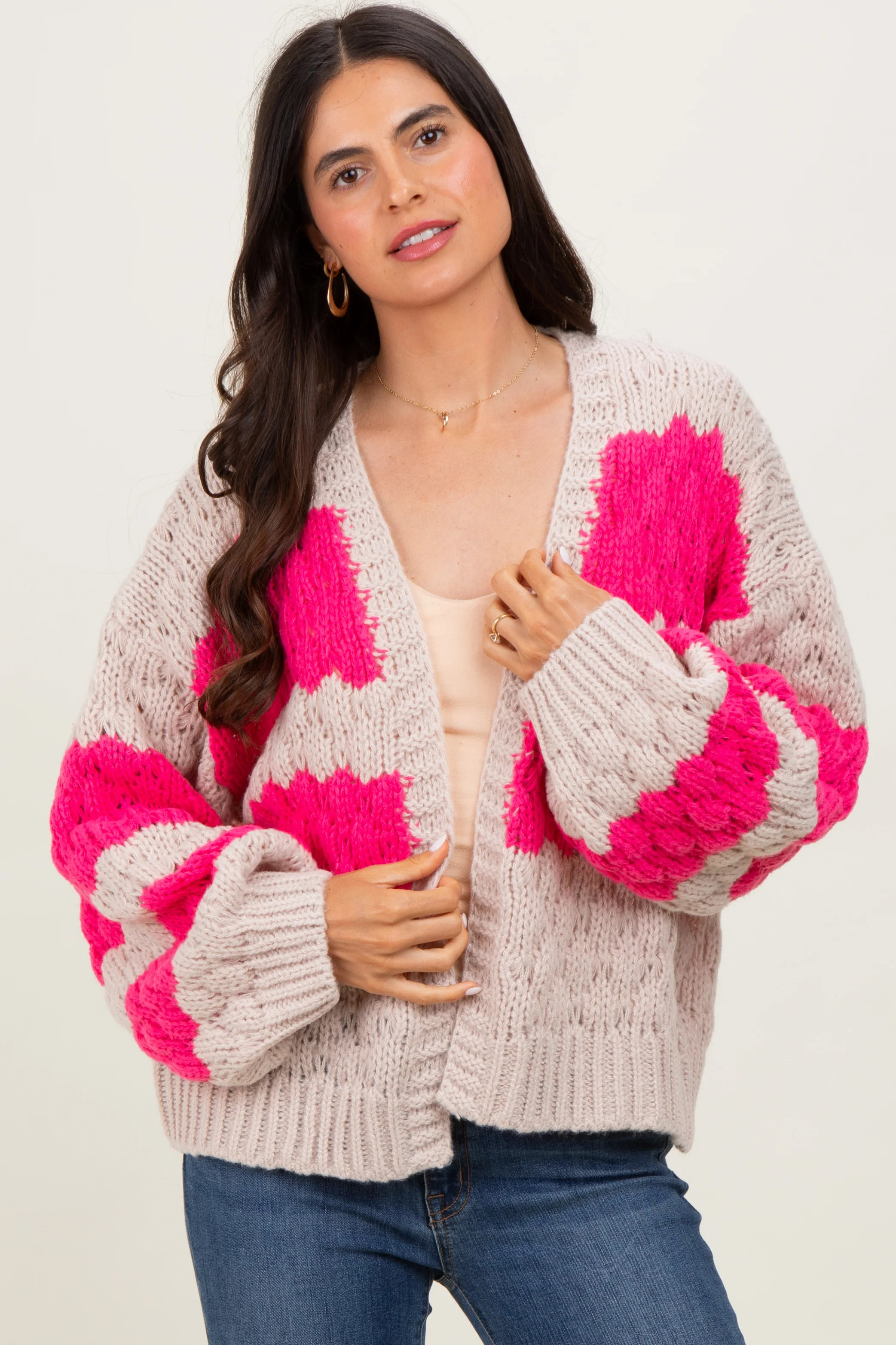 Pink Colorblock Chunky Knit Open Cardigan | PinkBlush Maternity