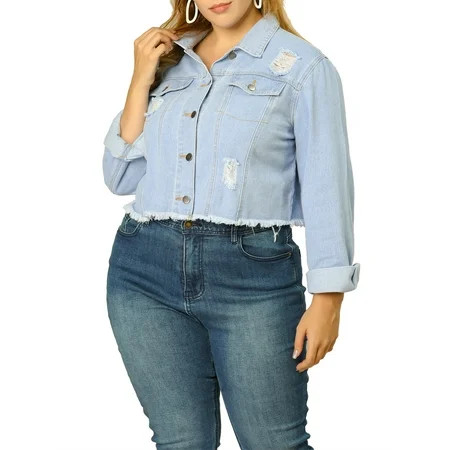 Unique Bargains Women s Plus Size Washed Ripped Distressed Cropped Frayed Casual Denim Jacket | Walmart (US)