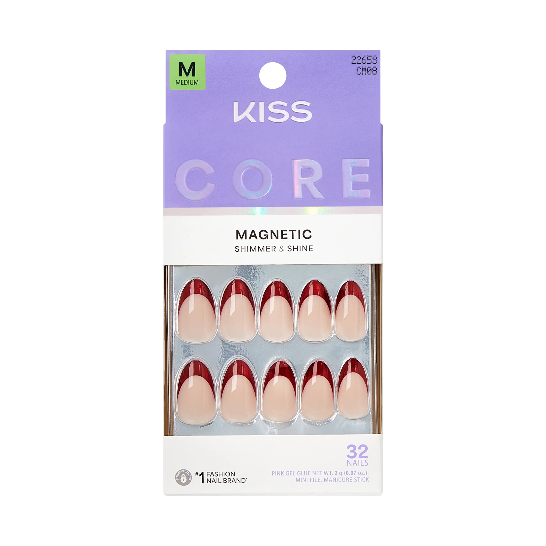 KISS CORE Magnetic Press On Nails Almond, ‘Glistering’, Red, Medium Length, 32 Count | Walmart (US)