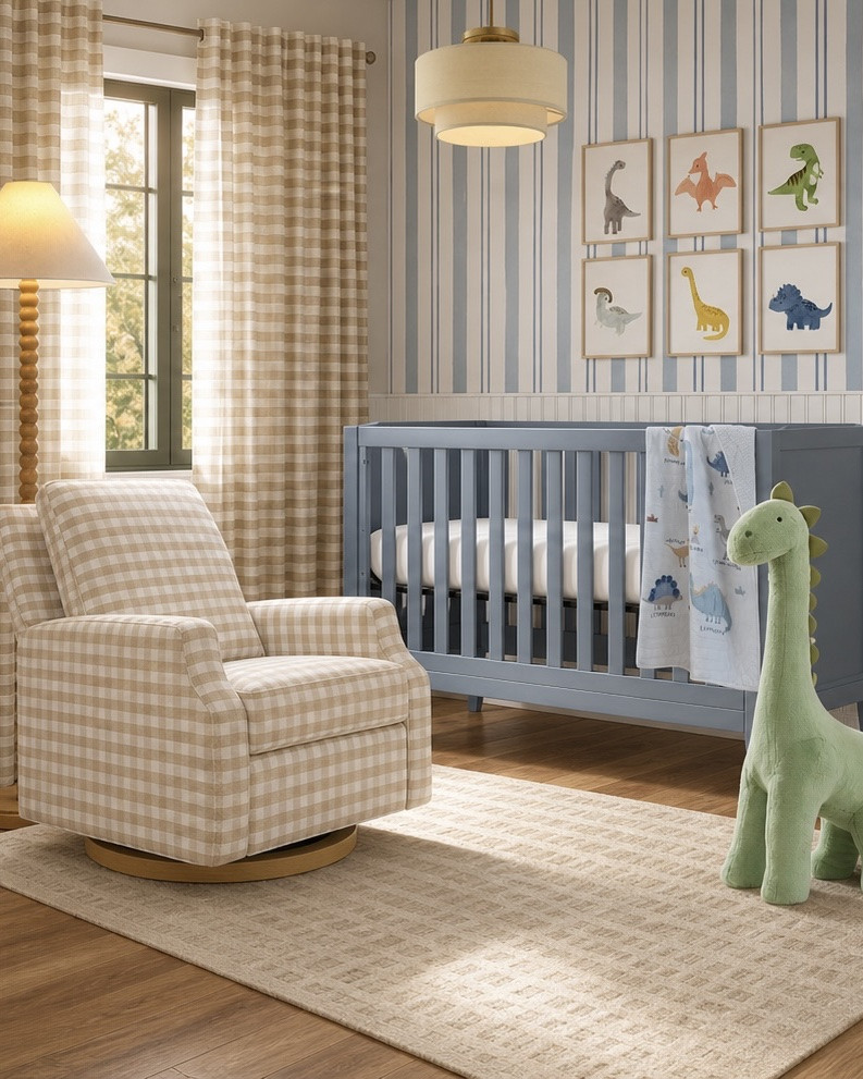 Dinosaur nursery room, nursery room decor and inspiration. Blue nursery. Plaid curtains and recliner. #nurserydesign

#LTKHome #LTKBaby #LTKBump