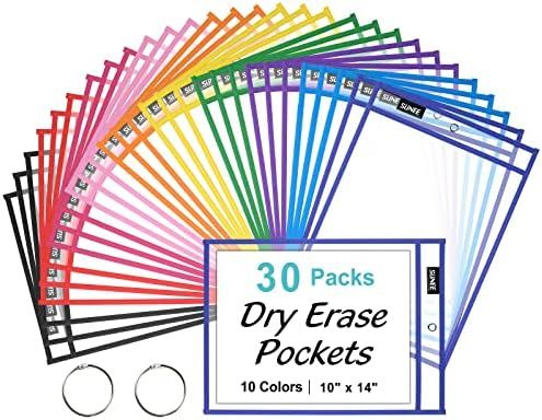 SUNEE 30 Packs Oversized Reusable Dry Erase Pocket Sleeves with 2 Rings, 10 Assorted Colors 10x14... | Amazon (US)
