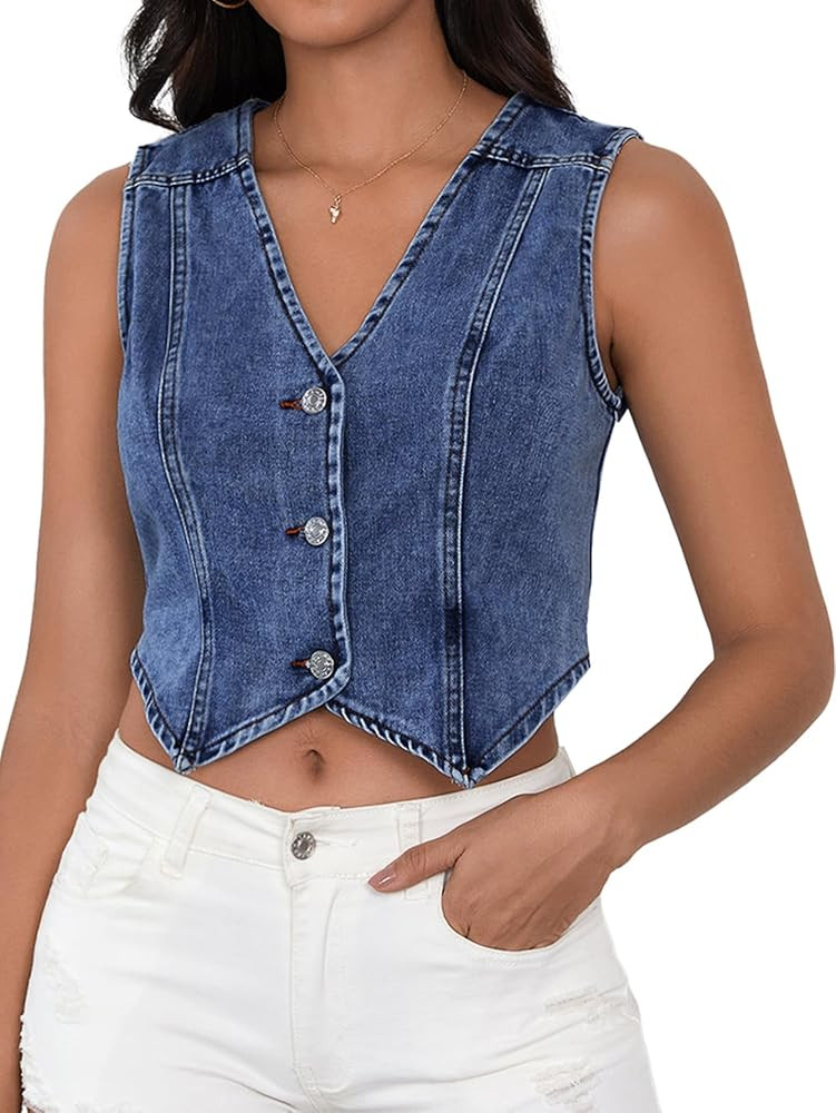 SHENHE Women's Denim Vest Button Down Sleeveless Jean Vest Top Y2K Cropped Denim Jacket Country F... | Amazon (US)