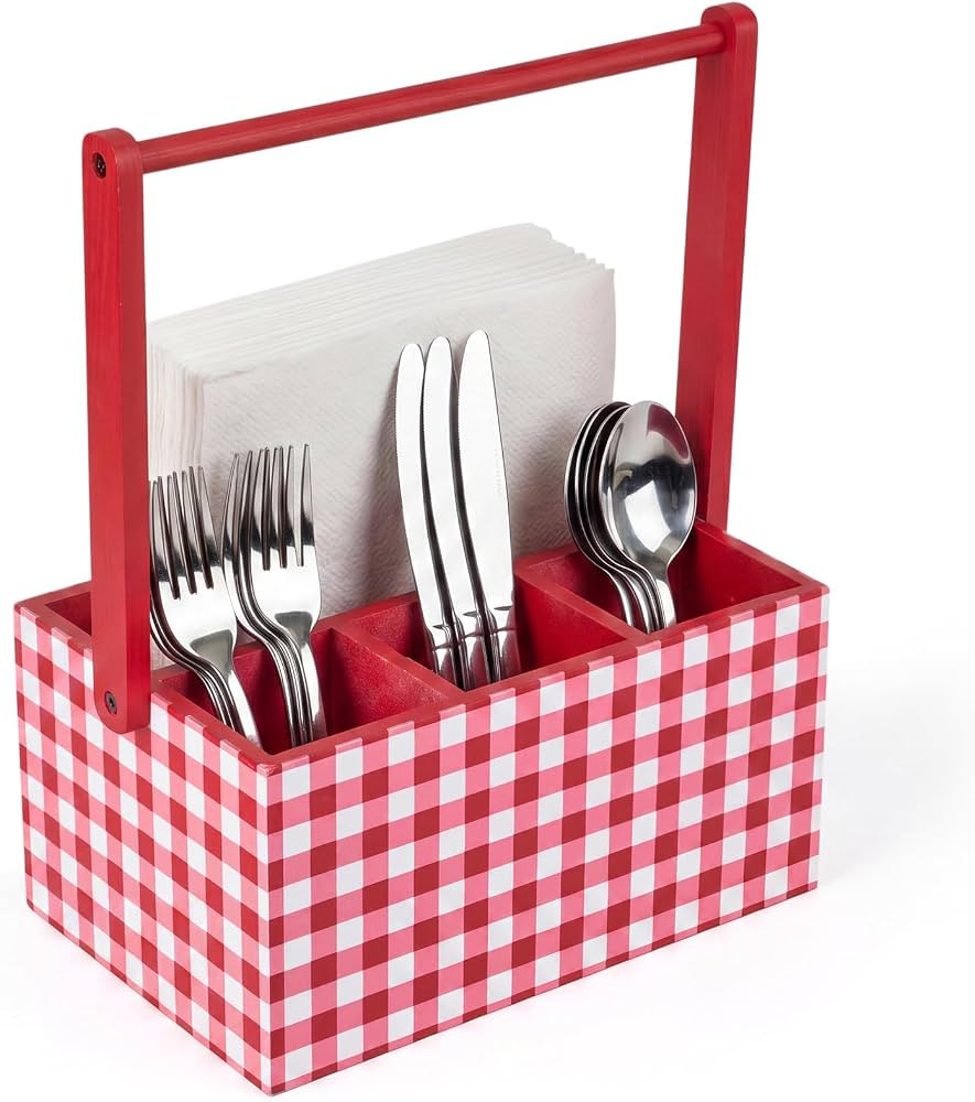 Gerrii Utensil Caddy for Party Gingham Wood Silverware Paper Plate Utensil Holder Red and White C... | Amazon (US)