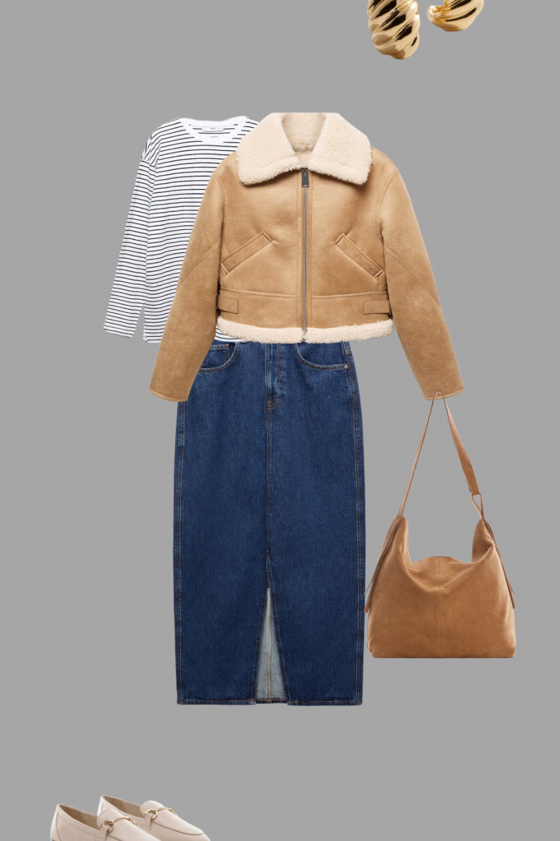 Autumn at Mango. Denim maxi skirt with a striped top and tan shearling collared jacket, brown suede bag and flats