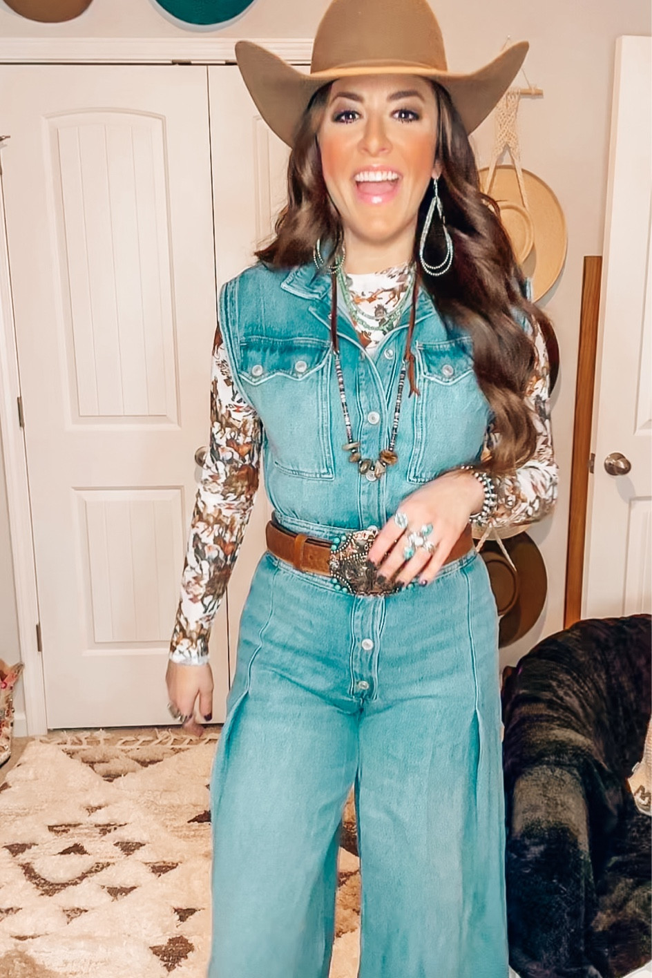 How to style a denim, jumpsuit free people, jumper, free people, romper, free people, denim jumper, western fashion, Houston, rodeo, fashion, cowboy hat, cowgirl hat, booties, boots, cowgirl boots, Bell, buckle belt, turquoise, Navajo pearls, jewelry, outfit, ideas for concert Nashville Boho vintage western vibes
Winter fall summer spring 


#LTKfindsunder100 #LTKstyletip #LTKworkwear
