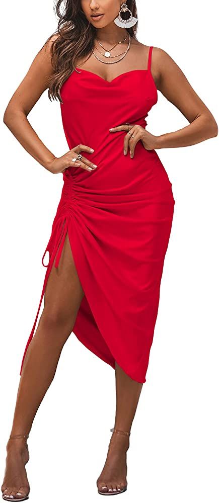 LYANER Women's Satin Spaghetti Straps Cowl Neck Sexy Ruch Cocktail Midi Dresses | Amazon (US)