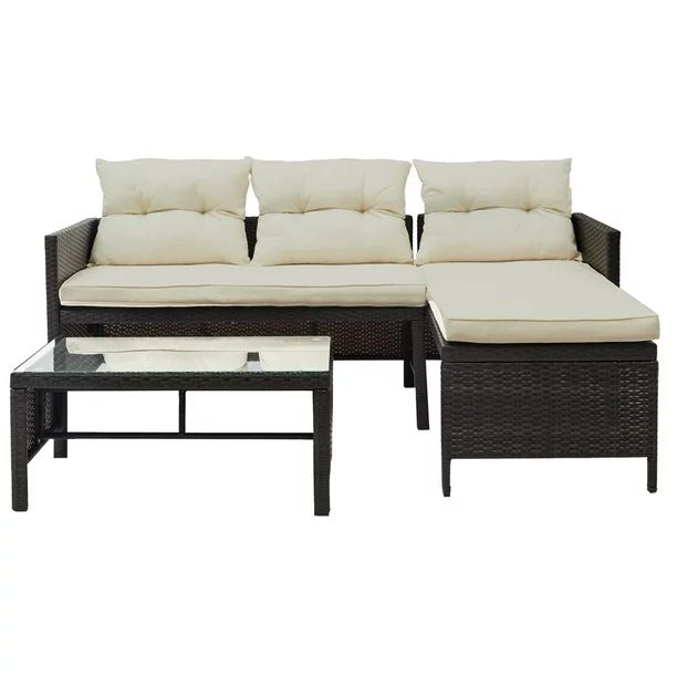 Patio Dining Sets Clearance, 3 Piece Patio Furniture Sets with PE Rattan Loveseat Sofa, Glass Cof... | Walmart (US)