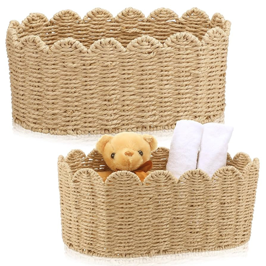 2 Pcs Scalloped Basket Hand Woven Scallop Basket 16 x 10 x 7 Inch and 14 x 8 x 6 Inch Scalloped W... | Amazon (US)