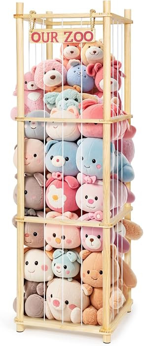 Stuffed Animal Storage - Tall Natural Pine Wood Toy Organizer with Elastic Cords & Shelf, Space-S... | Amazon (US)