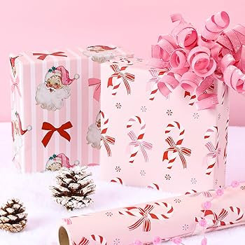 BIOBROWN Christmas Wrapping Paper Roll - 17 Inches X 33 Feet (47 sq. ft. ttl.) Candy Cane Bow Des... | Amazon (US)