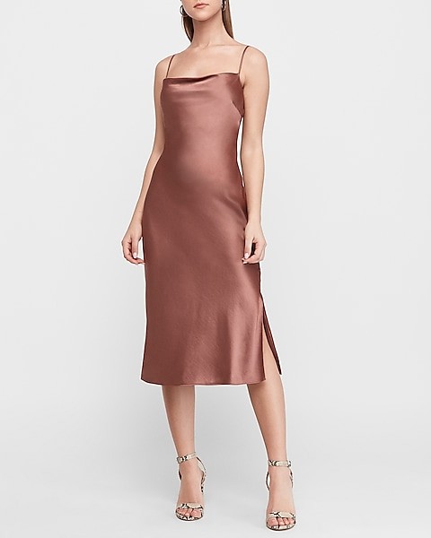 Satin Cowl Neck Midi Slip Dress | Express