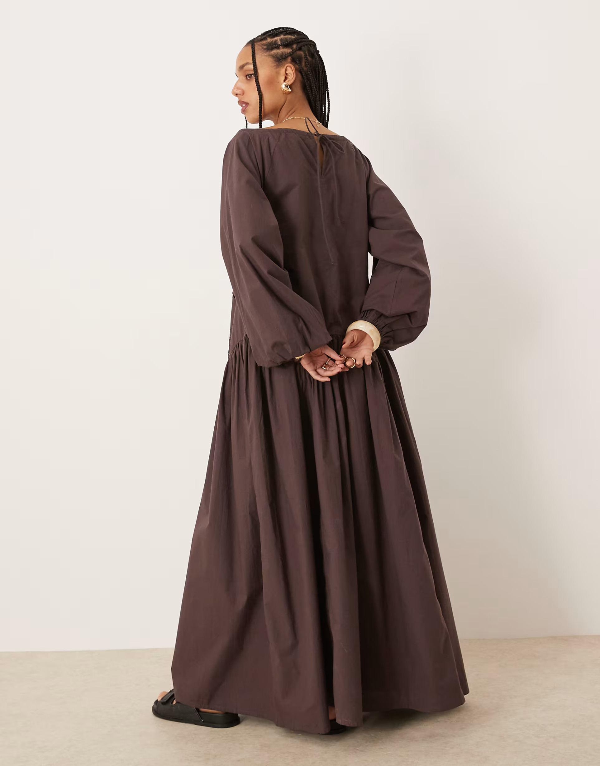 ASOS DESIGN ruched neck dropped waist maxi dress with floral cutwork in chocolate | ASOS (Global)