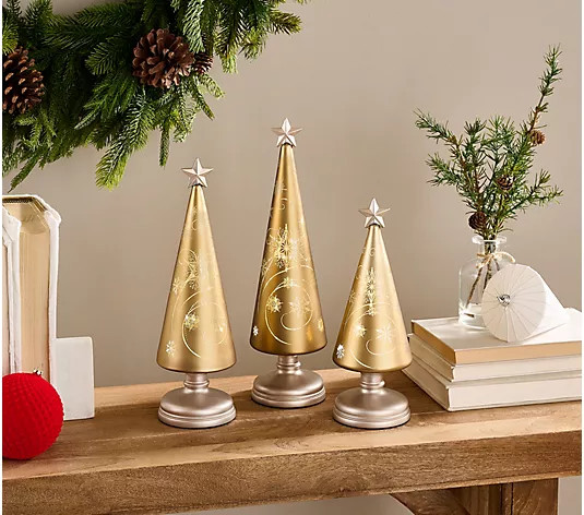 Set of 3 Illuminated Swirling Snow Trees by Valerie | QVC