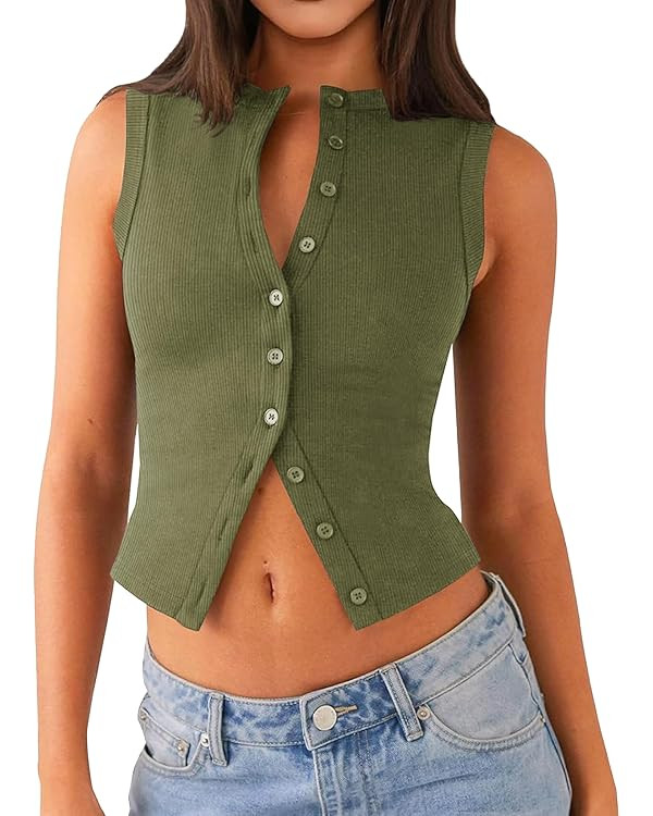Womens Going Out Tops Summer Spring Ribbed Tank Sexy Crop Cute Y2K Button Down T Shirts Fashion C... | Amazon (US)
