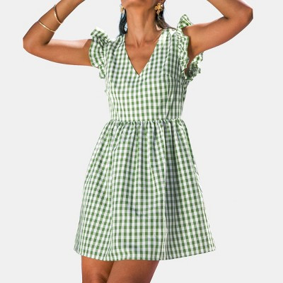 Cupshe Women's Gingham Puff Sleeve Tie Back Dress-XL-Green | Target