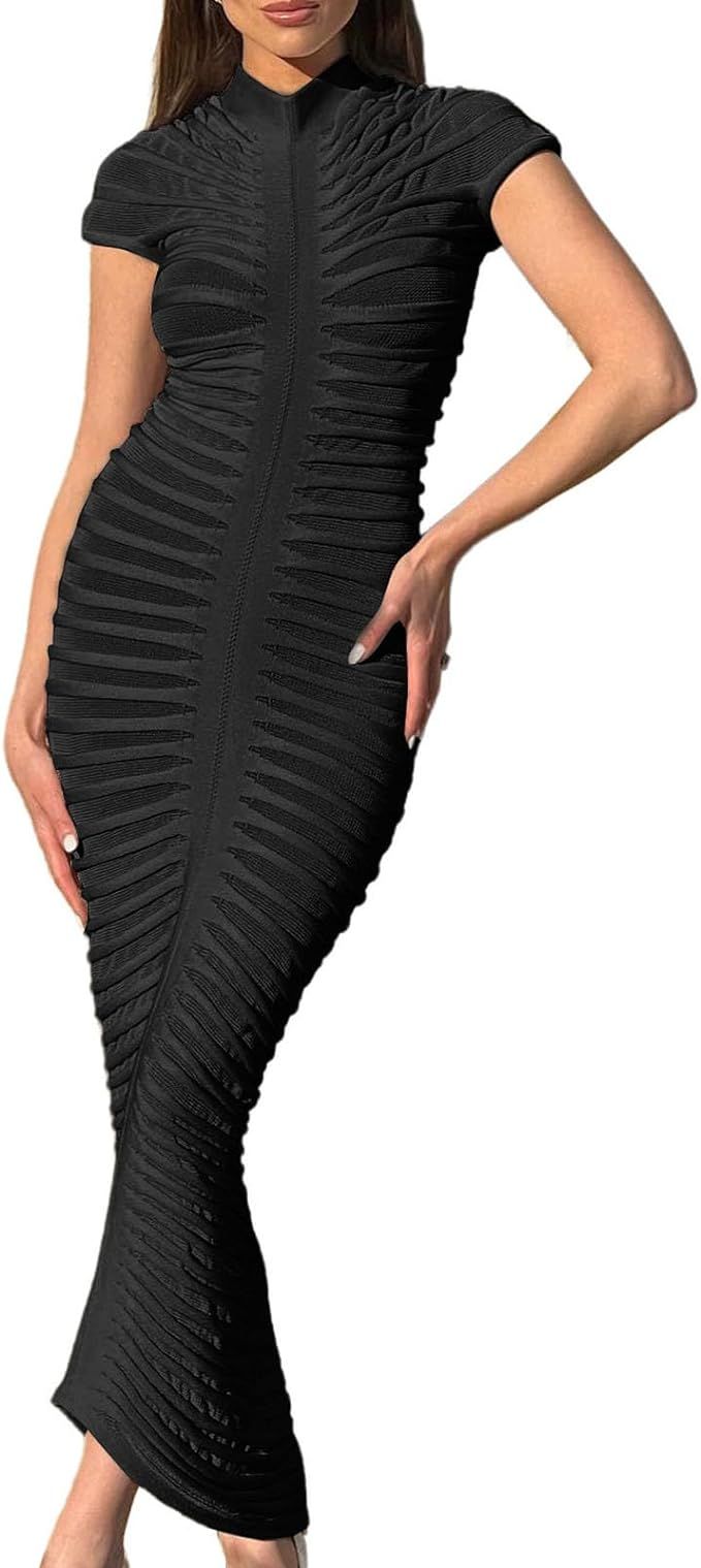 Yuopeid Womens Bodycon Dresses Short Sleeve Split Back Crochet Knit Tube Sheer Stripe Slim Fit We... | Amazon (US)