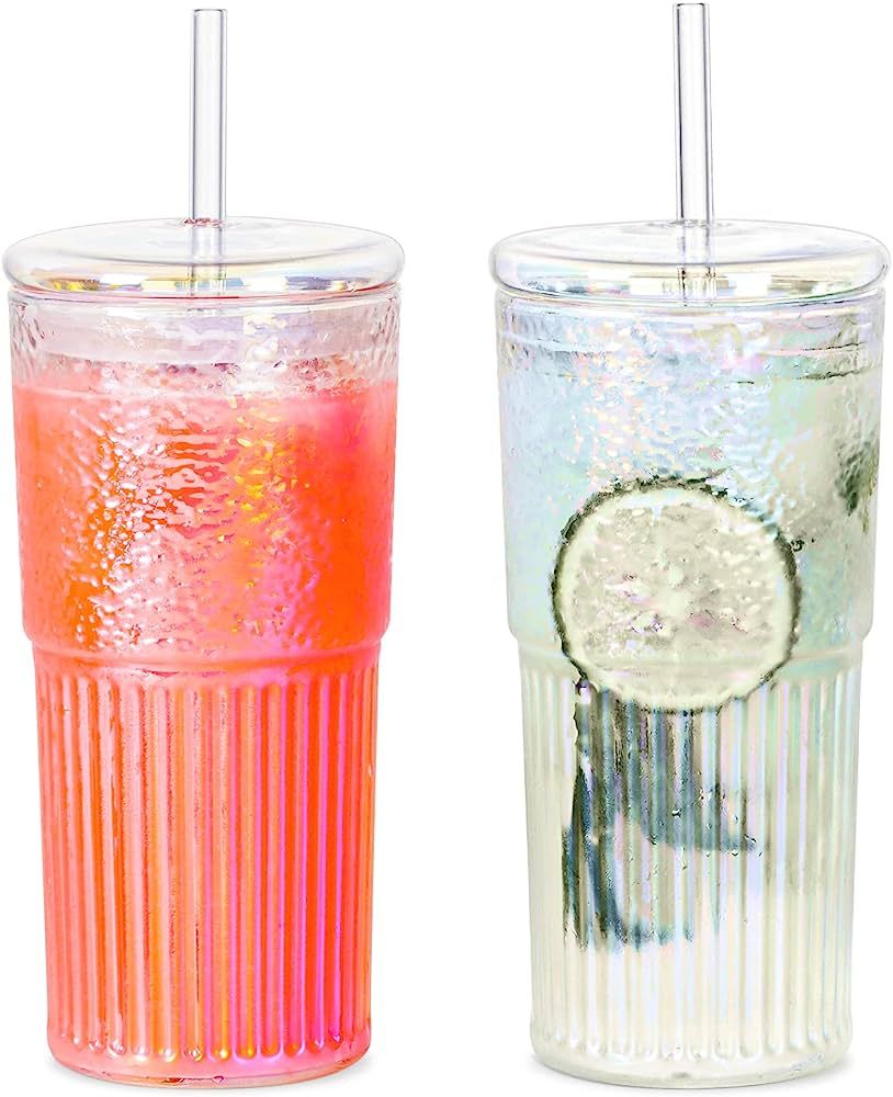 QWEZXO Colorful High Borosilicate Glass Cups With Lids and Glass Straws，20 OZ Rainbow Iced Coff... | Amazon (US)