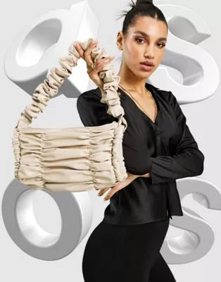 ASOS DESIGN ruched shoulder bag with ruched strap in beige | ASOS (Global)