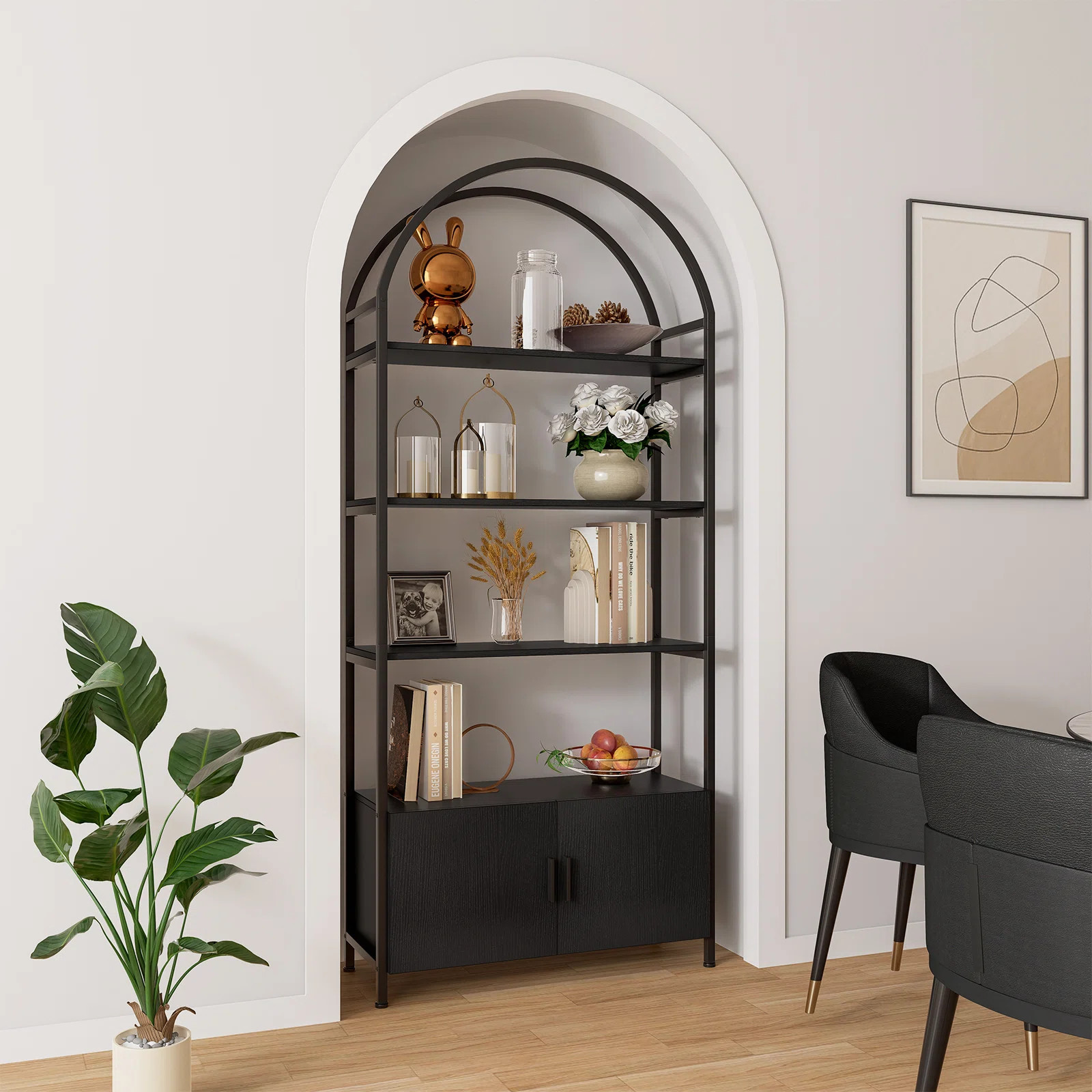 Mercer41 Gretlies Gold Bookshelf Arched Bookcase With Doors Hidden Storage Luxury Sideboard & Rev... | Wayfair North America