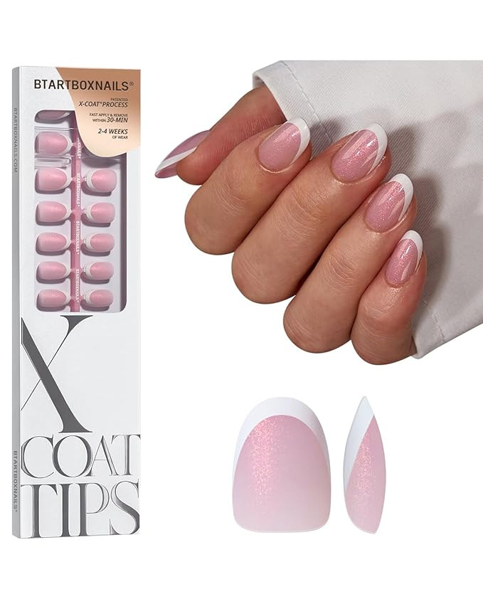 BTArtboxnails XCOATTIPS French Tip Press On Nails - Pink Glitter Base Short Oval Press On Nails, ... | Amazon (US)