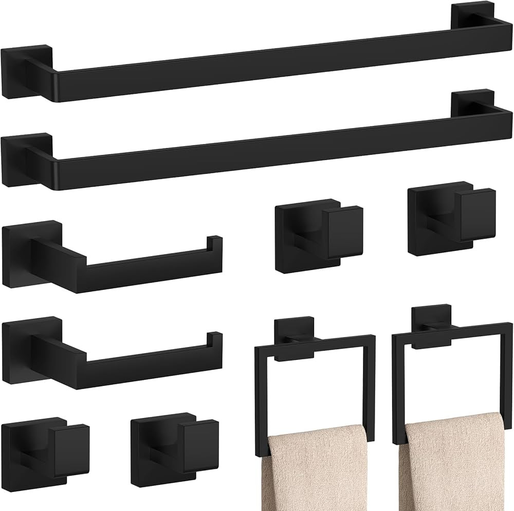 10-Pieces Matte Black Bathroom Accessories Set, 23.6 Inch Bath Towel Bar Set, SUS 304 Stainless S... | Amazon (US)