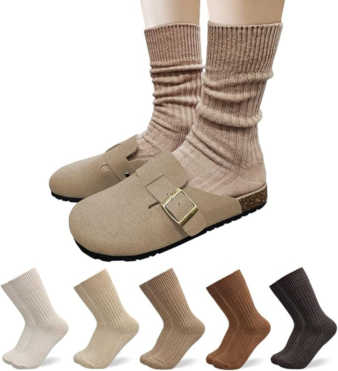 HOMSSEM Ribbed Socks Women Cozy Socks – 5 Pair Cute Womens Crew Socks | Amazon (US)