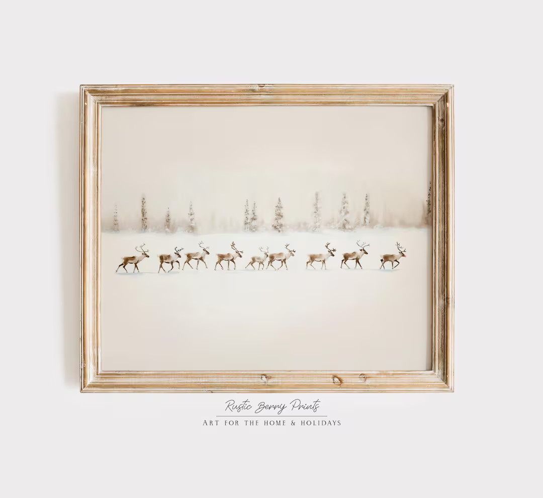 9 Reindeer With Red Nose Reindeer on Winter Landscape Wall Art Christmas Holiday Decor Vintage Pr... | Etsy (US)