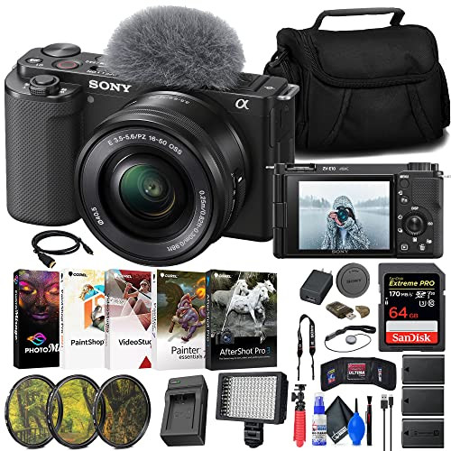 Sony ZV-E10 Mirrorless Camera with 16-50mm Lens (Black) (ILCZV-E10L/B) + 64GB Memory Card + Filter Kit + LED Light + External Charger + 2 x NPF-W50 Battery + Card Reader + More (Renewed) | Amazon (US)