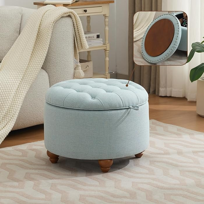 24Inch Round Storage Ottoman with Tray, Modern Tufted Fabric Circle Coffee Table with Storage, Up... | Amazon (US)