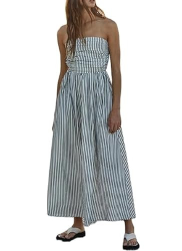 Faretumiya Women Striped Strapless Maxi Dress Print Off Shoulder Backless Tube Dress Ruffle Flowy Smocked A line Dress Beach （Tube Black，Small） | Amazon (US)