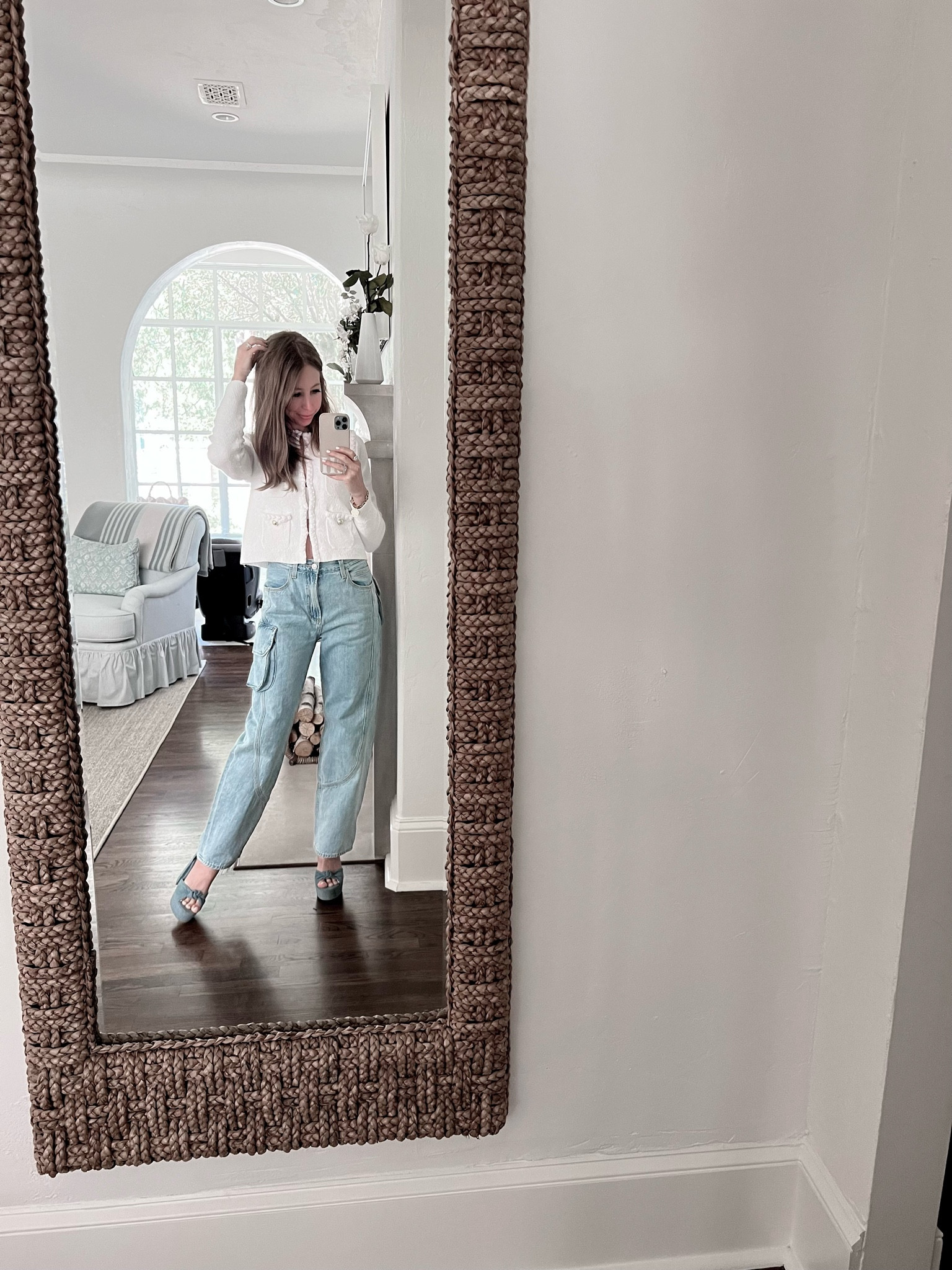 Outfit of the day! The Odette sweater has been my daily uniform. Paired here with cargo jeans (size 23, they run large) and the best under $100 denim heels 

#LTKshoecrush #LTKunder100 #LTKFind