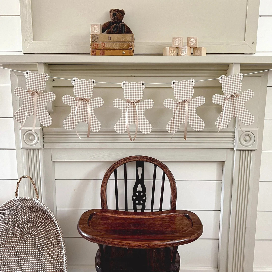 Baby Shower Teddy Bear Banner Garland, 5 Large 7 3/8"w X 9 1/2"h Gingham Beige Bears, Adjustable ... | Etsy (US)