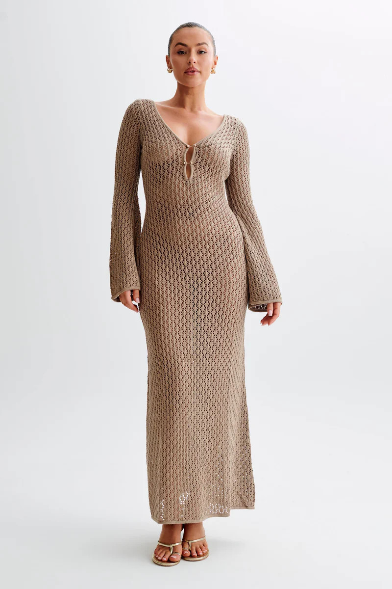 Kayleigh Crochet Fishtail Flare Sleeve Maxi Dress - Taupe | MESHKI US