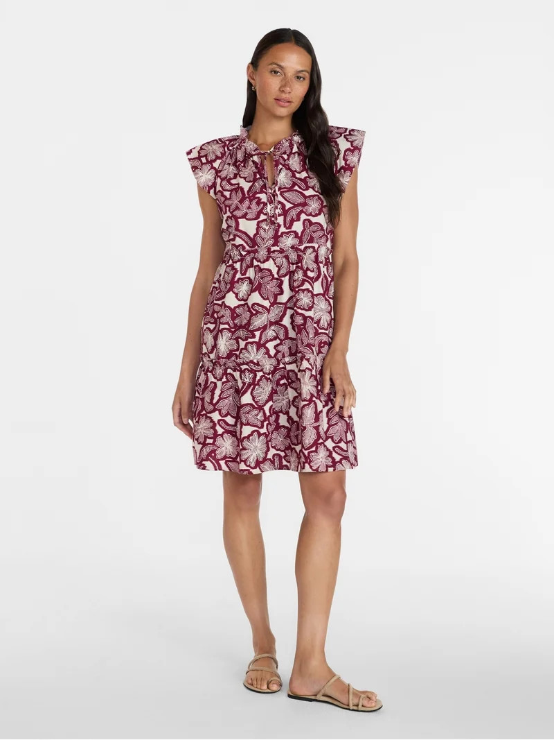 Time and Tru Women's and Women's Plus Tiered Cotton Mini Dress with Flutter Sleeves, Sizes XS-4X | Walmart (US)