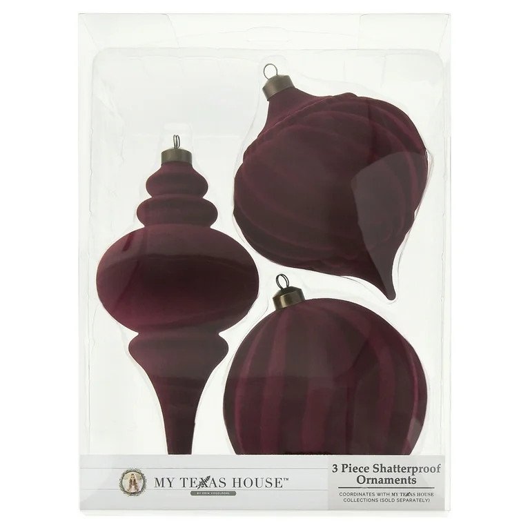 3 Count Red Flocked Christmas Ornaments, by My Texas House | Walmart (US)