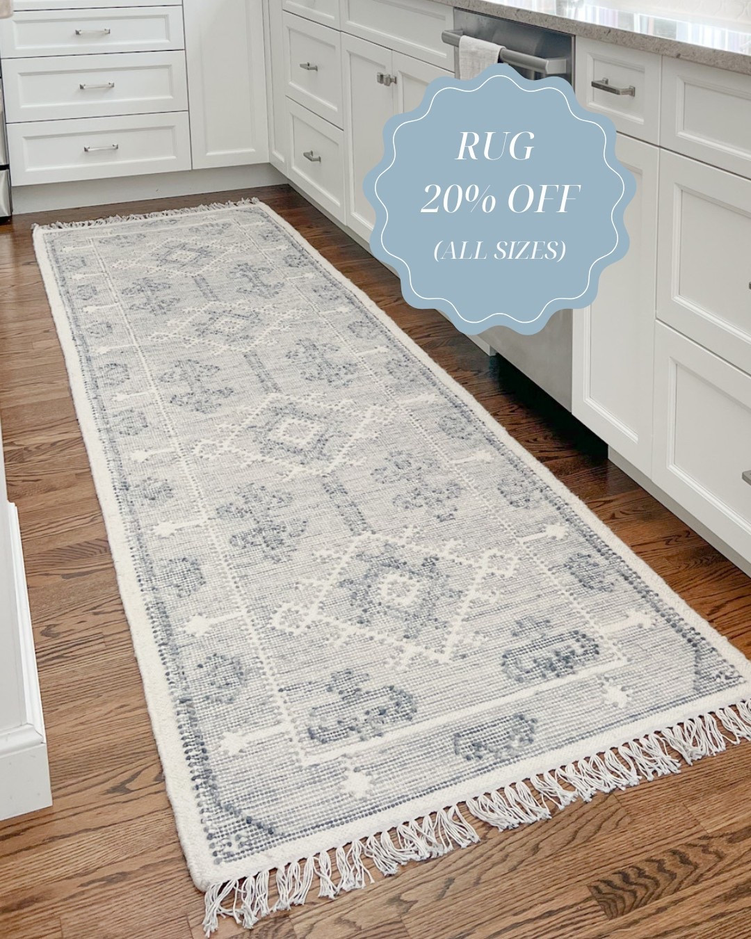 This rug comes in all standard sizes (runner, 2x3, 3x5, 6x9, 8x10, 9x12, 11x14 and 12x18), and it's 20% off right now!
 - 
Kitchen runner, kitchen rug, runner rug, neutral rug, kitchen decor, neutral kitchen, coastal home, coastal decor, neutral home decor, beach style home, beach house style, coastal rugs, neutral rugs, blue rugs, gray rugs, rugs with fringe, serena & lily runner, coastal kitchen decor, white kitchens, 10-foot runner, 16-foot runner, 7-foot runner, alamere rug, alamere runner, patterned rug, hallway runner, serena and lily rugs, rugs on sale

#LTKSaleAlert #LTKHome