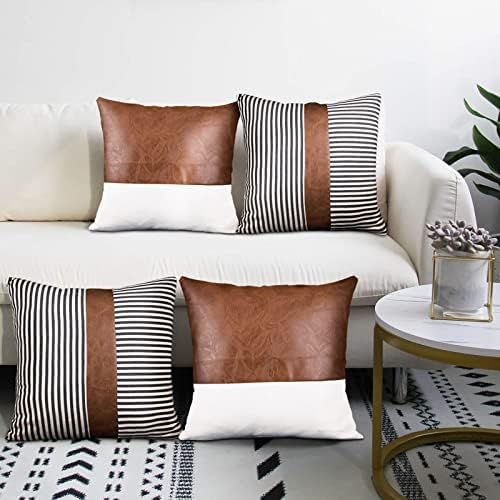 Decorative Throw Pillow Covers 18x18 Inch Faux Leather Stitching Canvas and Black Stripe Pattern Mod | Amazon (US)