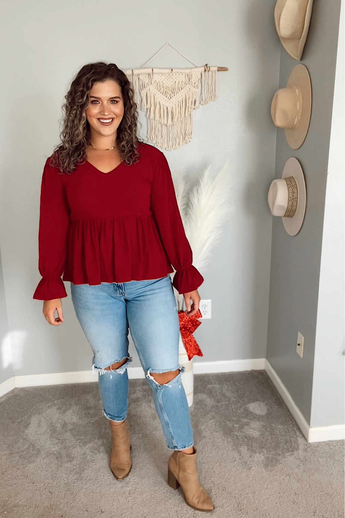 Midsize Casual Fall OOTD 🍷💄❤️
Top: XL 
Jeans: 32R 
#midsizeoutfits #casualoutfits #ootd #casualstyle #fallfashion #fallstyle #peplumtop #babydolltop #jeans #denim #curvelove #curvydenim #distressedjeans #boots #booties 

#LTKSeasonal #LTKcurves #LTKstyletip
