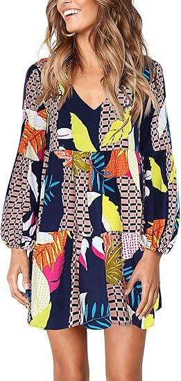 Amoretu Women Summer Tunic Dress V Neck Casual Loose Flowy Swing Shift Dresses | Amazon (US)