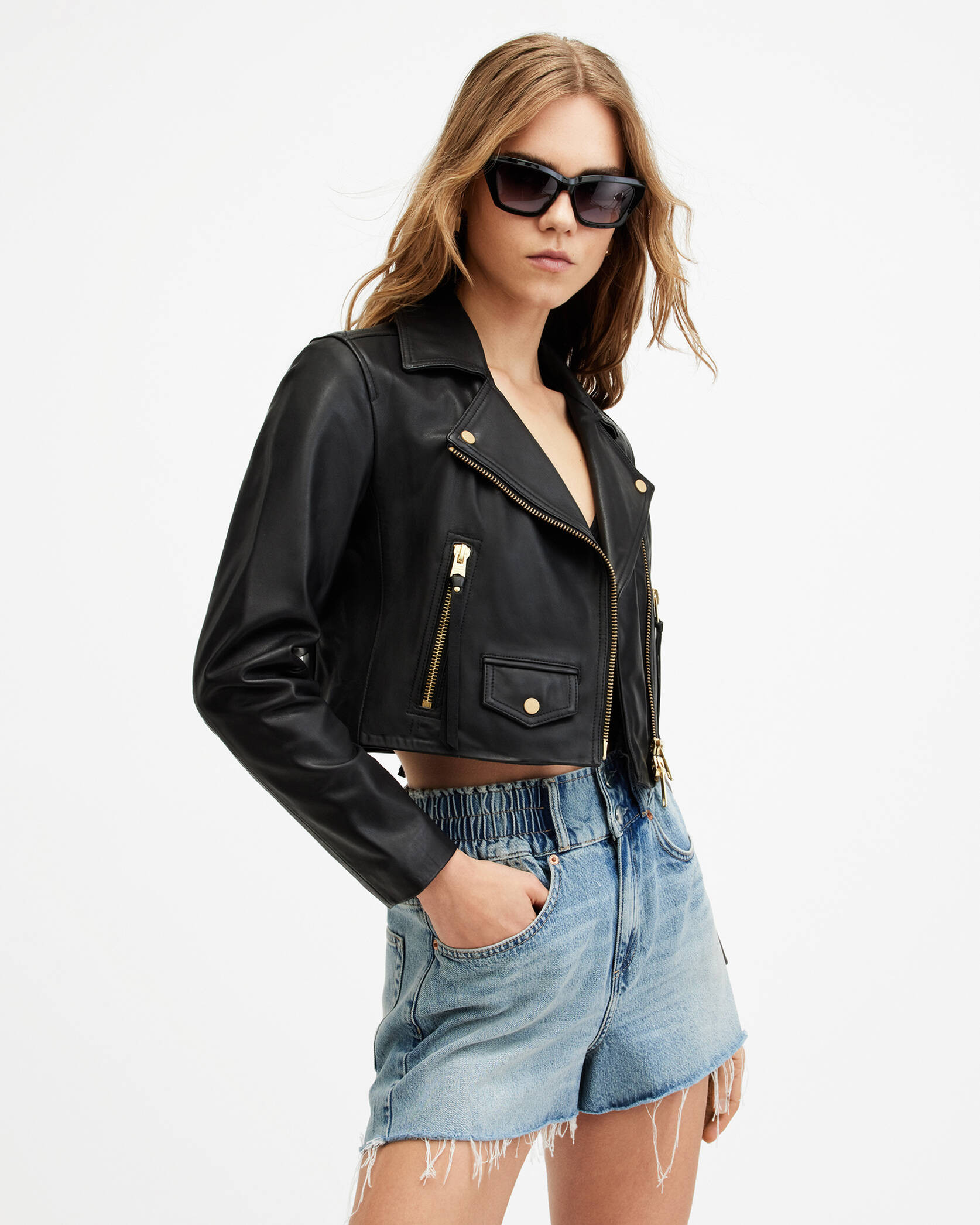 Elora Cropped Leather Biker Jacket Black | ALLSAINTS US | AllSaints US