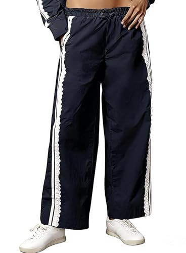 Women Baggy Track Pants Wide Leg Barrel Pants Lace Side Drawstring Elastic Stripe Y2K Casual Workout Navy L | Amazon (US)