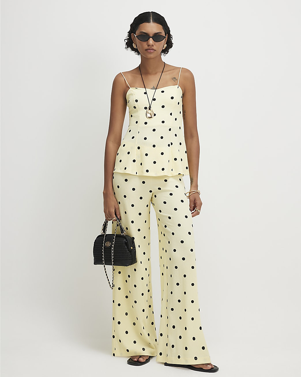 Yellow Polka Dot Wide Leg Joggers | River Island UK & IE