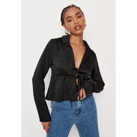 Black Satin Tie Front Shirt | Missguided (US & CA)
