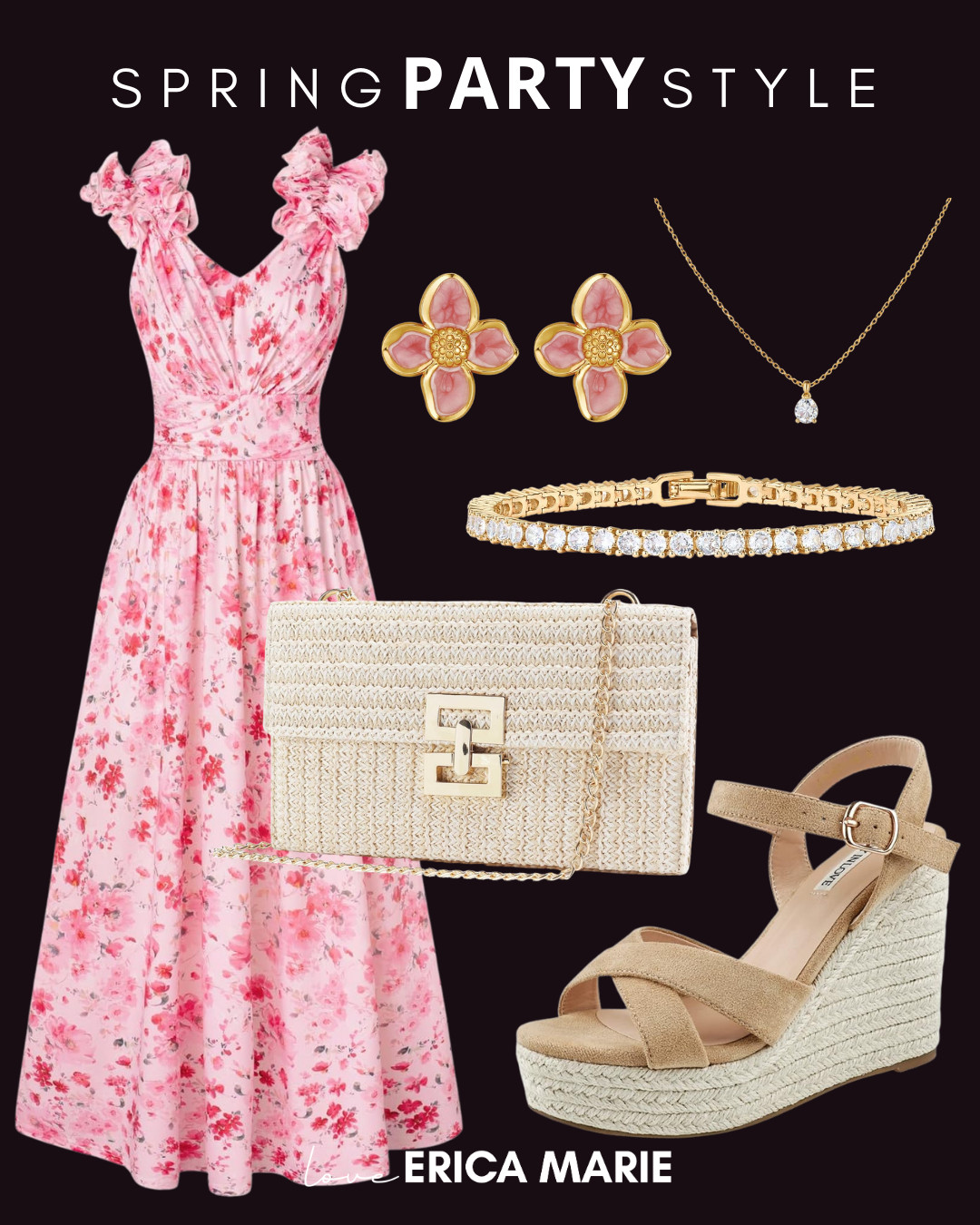 Sharing this spring party outfit inspo I put together. Floral halter maxi dress with a defined waist, styled with neutral wedge sandals, a woven straw clutch, and gold statement earrings. Such a pretty look for spring weddings, baby showers, Easter brunch, garden parties, and even summer events. #Springfashion #SpringStyle 
 

 #LTKootd #LTKSeasonal #LTKWedding