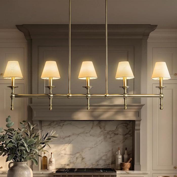 Kitchen Island Light, Linear Design, Brass Finish, Fabric Shades, 5 Lights | Amazon (US)