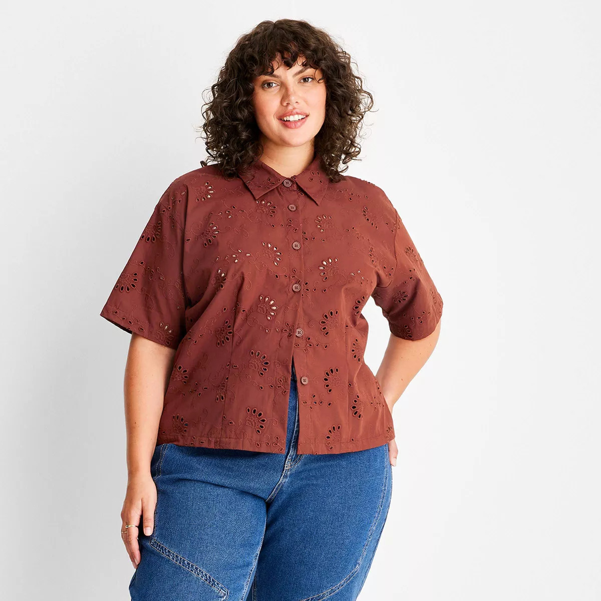 Women's Floral Print Short Sleeve Eyelet Button-Down Shirt - Future Collective™ with Reese Blut... | Target