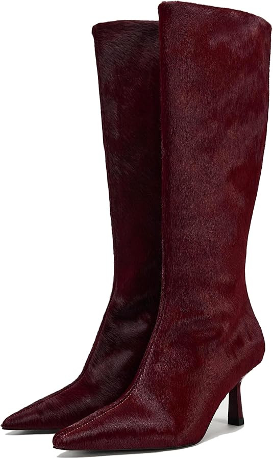 Burgundy Knee High Boot for Women with Faux Pony Hair Comfortable Zipper Ponited Toe Boot Womens ... | Amazon (US)