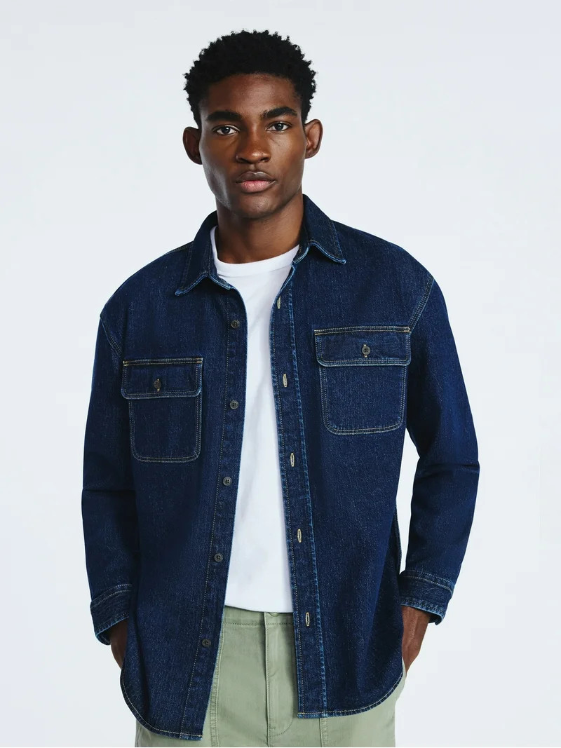 Free Assembly Men's Heavyweight Denim Overshirt with Long Sleeves, Sizes S-3XL | Walmart (US)