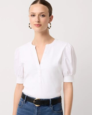 Women's Poplin Puff Sleeve Henley Top in White size XL | White House Black Market | White House Black Market