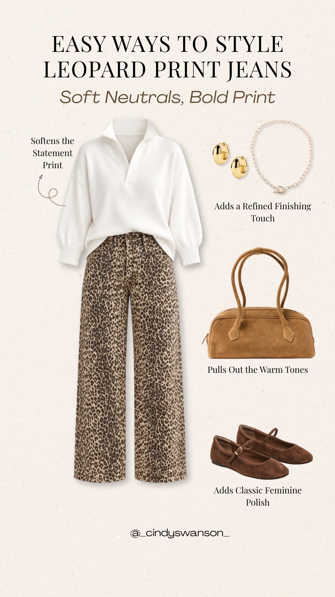 Leopard print jeans can be surprisingly easy to style when you let them be the statement piece. I love pairing them with a soft white sweater and warm brown accessories for a balanced, polished look that still feels relaxed and wearable.

#LTKootd #LTKOver40 #LTKSeasonal